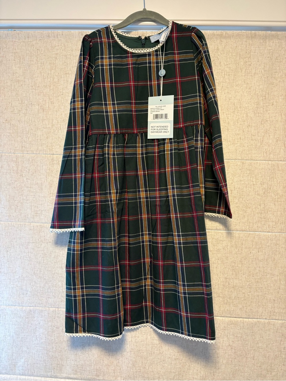 Hill House Girls Green Plaid Long-Sleeve Dress with Lace Trim